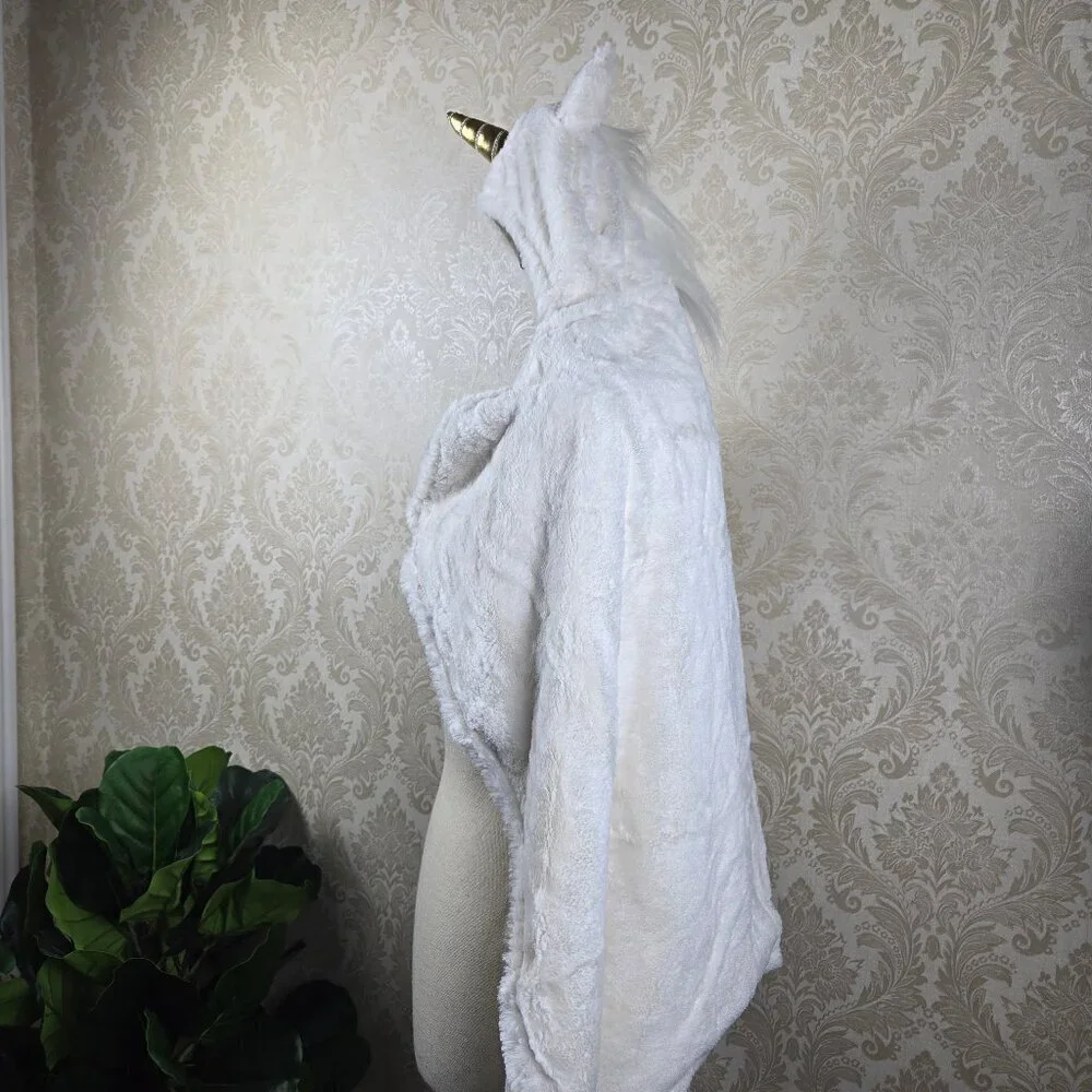 Pottery Barn Kids White Unicorn Hooded Towel/Blanket Gold Horn Terry/Faux Fur